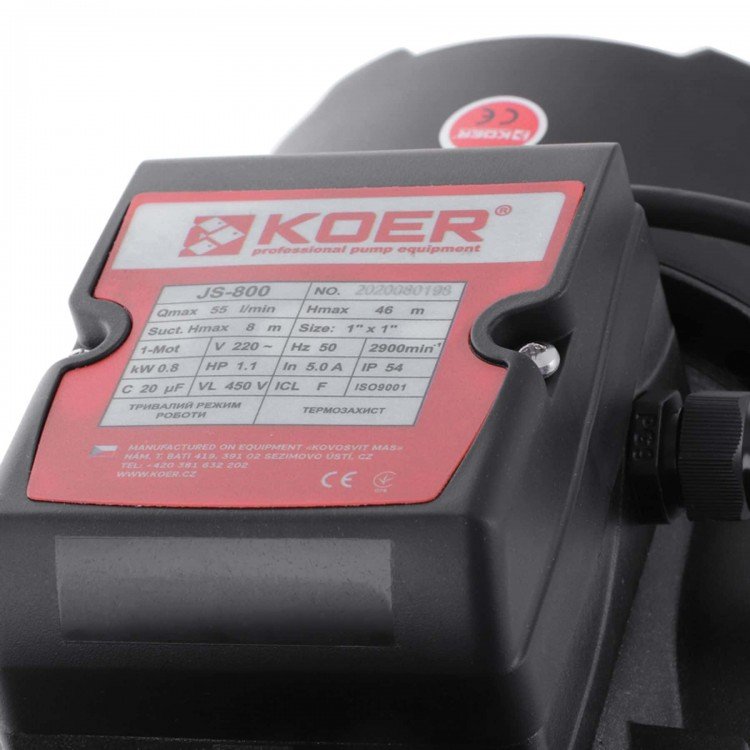 Насос поверхневий KOER відцентровий для чистої води JS-800 800Вт 3.3м?/ч Hmax 46м KP2661 - KOER KOER JS-800 Насос поверхн. самовсмокт., корпус нерж. Н=46М Q=3,3кбМ P=800 Вт. 1× 1 - Магазин Водомет - 1БАЗА