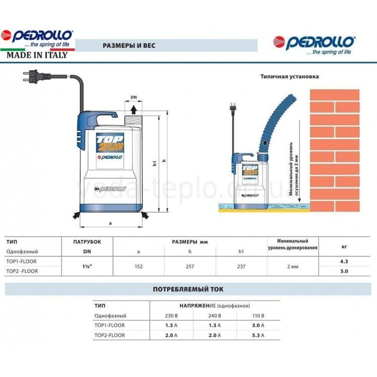 Дренажний насос Pedrollo TOP 1 - FLOOR/LA (230V) -  Магазин Водомет - Дренажні насоси