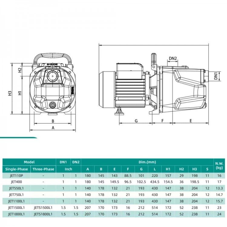 Насос відцентровий SHIMGE JET1800L (1.8 кВт, Нmax 62 м, Qmax 100 л/хв)